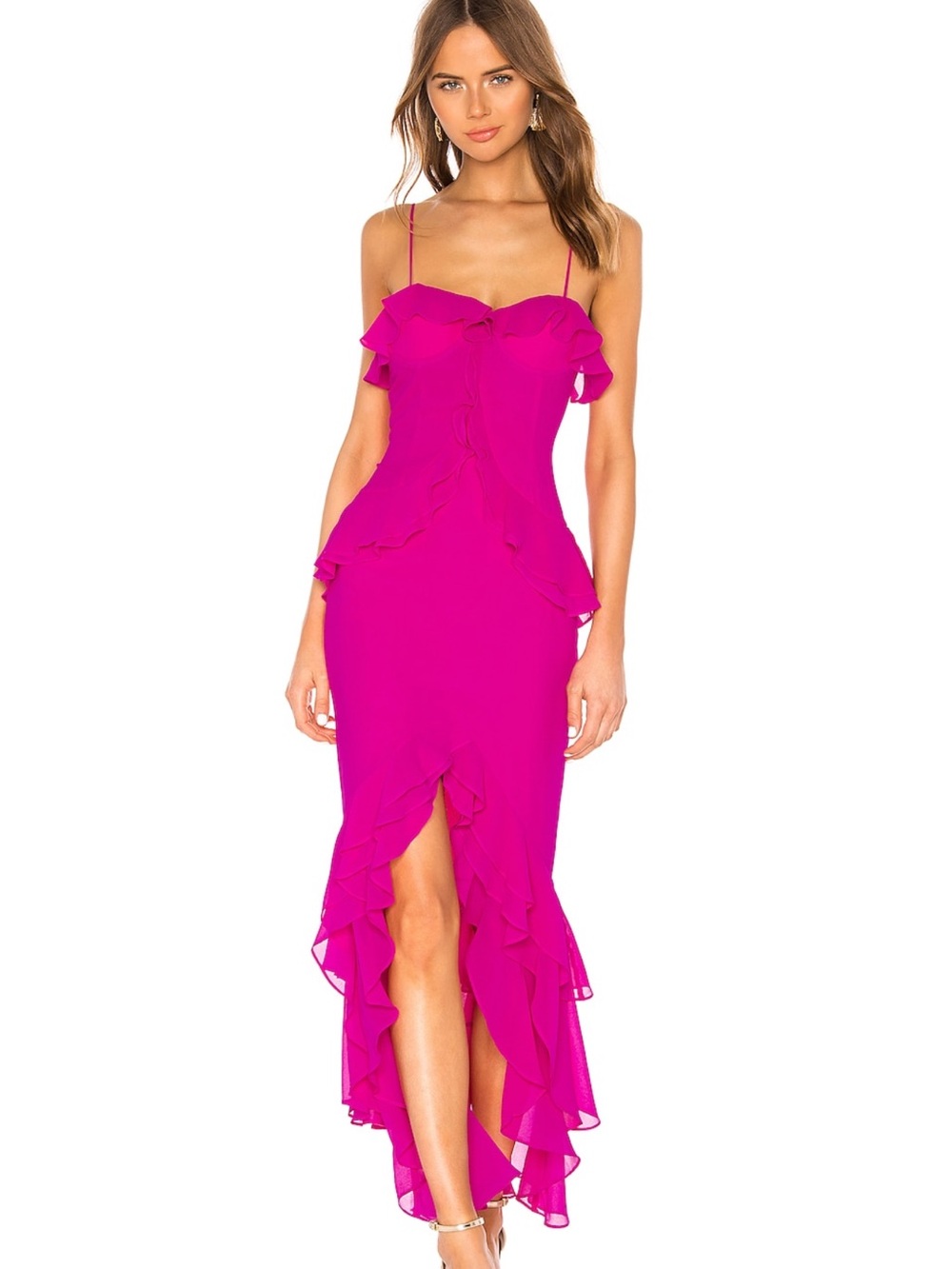 Lovers + Friends Fuchsia Ruffle High-Low Spaghetti Strap Dress